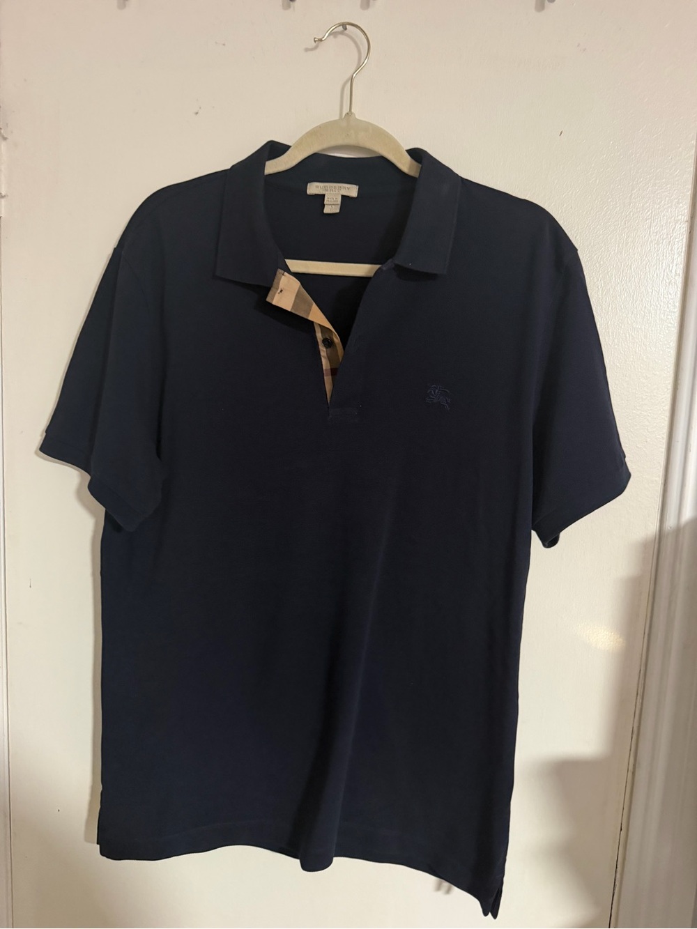 Burberry Brit Men Navy Blue Nova Check Placket Short Sleeve Polo Shirt - Size L
